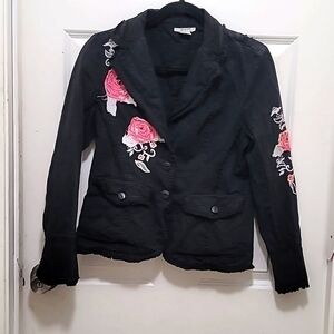 DV&DN WOMEN'S M BLACK EMBROIDERED DENIM JEAN JACKET LONG SLEEVE BUTTON DOWN
